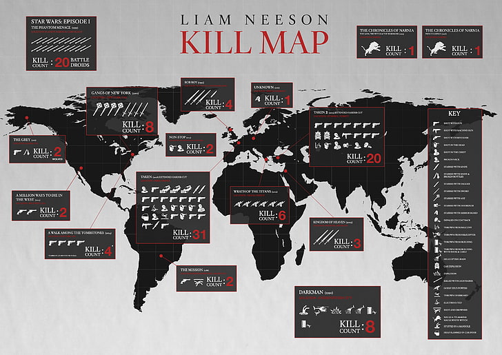 Liam Neeson Kill Map poster, movies, numbers, infographics, Star Wars, HD wallpaper