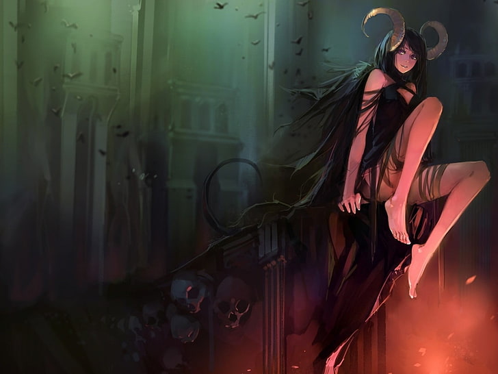 black-haired female anime character with horn wallpaper, fantasy art