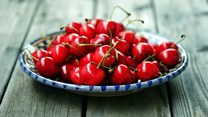 plates, food, red, fruit, cherries, food and drink, healthy eating, HD wallpaper