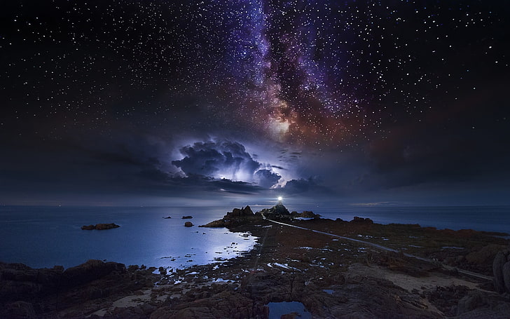 body of water, nature, landscape, coast, starry night, Milky Way, HD wallpaper