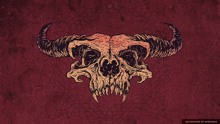 brown and white skull wallpaper, demon, satanic, horns, artwork