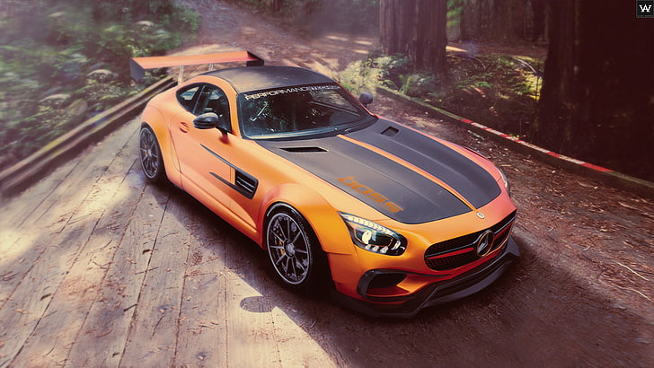 orange and black coupe, car, 3D graphics, nature, planks, mode of transportation