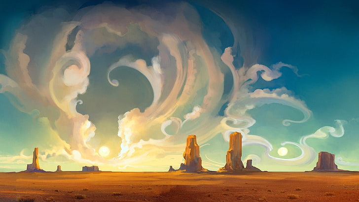 Monument Valley illustration, desert with rock formations graphic wallpaper