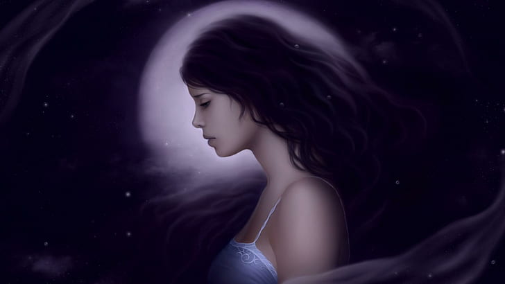 Moon Girl, woman on purple cami top painting, fantasy, 3d and abstract, HD wallpaper