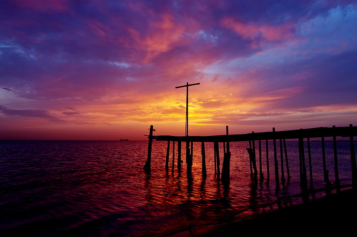black wooden dock, sunset, shore, the evening, pierce, Bahrain, HD wallpaper