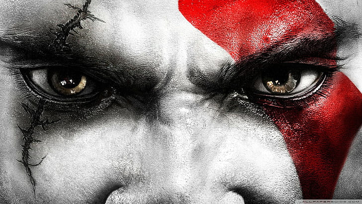 God of War Kratos Eyes HD, man's face, video games