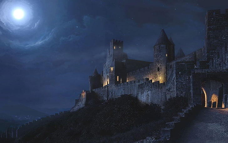 castle illustration, architecture, ancient, tower, night, lights