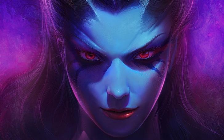 female character with black and purple hair illustration, Dota 2