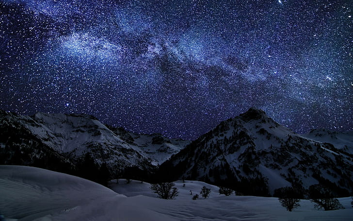landscape, mountains, snow, snowy peak, stars, night, Milky Way, HD wallpaper