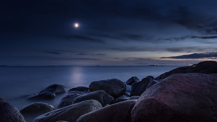 sea, moonlight, night, shore, horizon, rock, darkness, calm, HD wallpaper