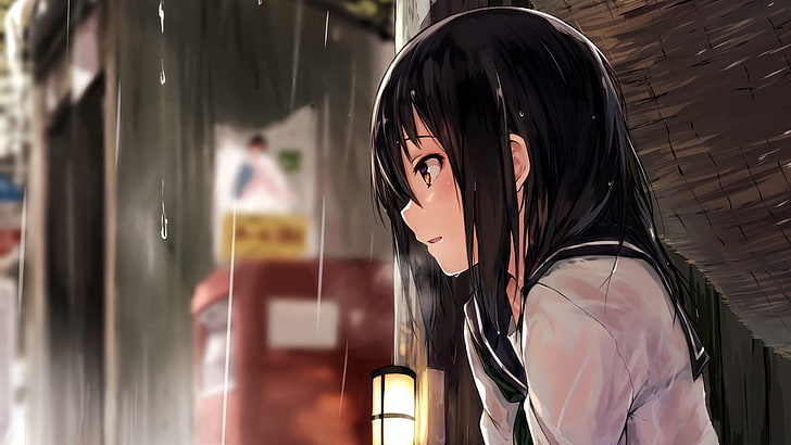Anime, Girl, Rain, Raindrops, School Uniform, one person, young adult