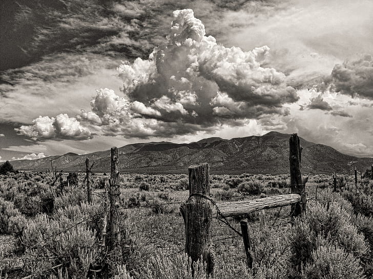 Clouds Fence BW Landscape Barb Wire HD, nature