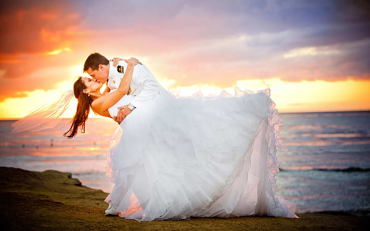Just Married Loving Couple Bridal In Uniform Young Woman In Wedding Dress Sunset Beach Romantic Couple Hd Wallpaper 2560×1600, HD wallpaper