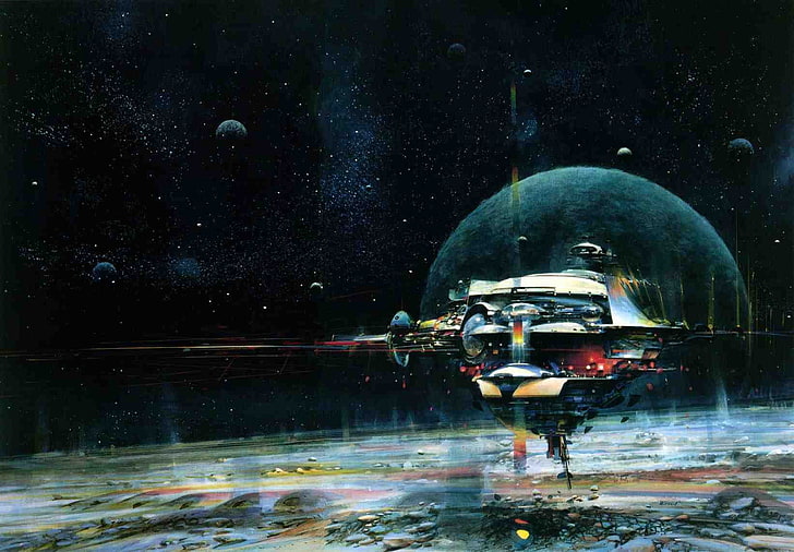 gray spacecraft digital wallpaper, John Berkey, science fiction