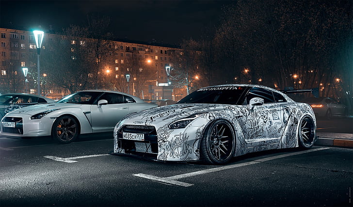Auto, Night, Machine, Tuning, Nissan, GT-R, Parking, Moscow, HD wallpaper