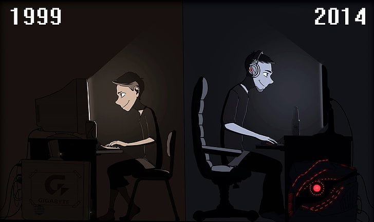 two man and boy playing computer illustrations, before and after image, HD wallpaper