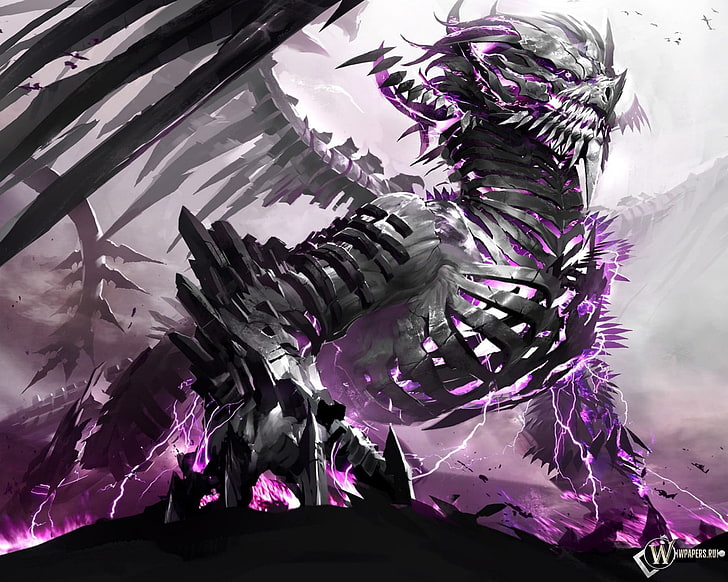 gray and purple dragon digital wallpaper, skeleton, Guild Wars 2, HD wallpaper