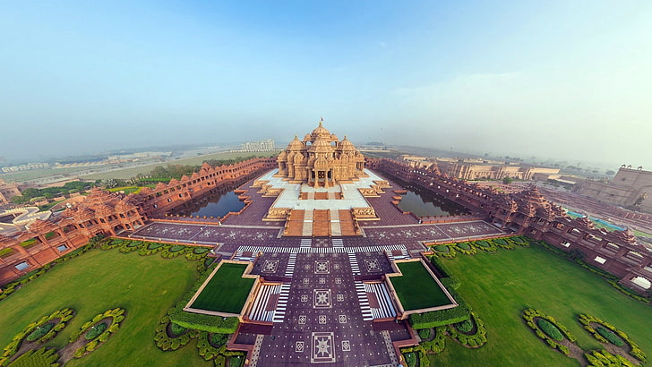 india, akshardham temple, beautiful, top view, panorama, architecture, HD wallpaper