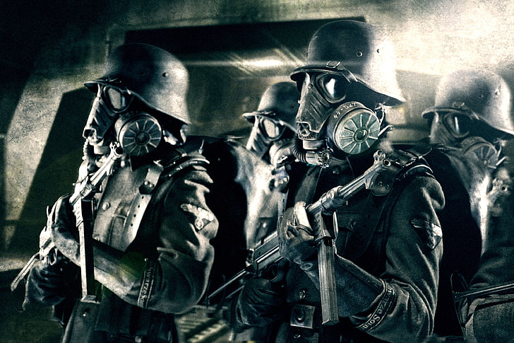 four soldiers illustration, Mask, Pearls, Uniform, MP 40, Nazi