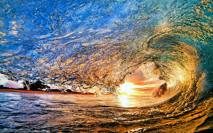 waves, sea, coast, sunlight, water, sunset, HD wallpaper