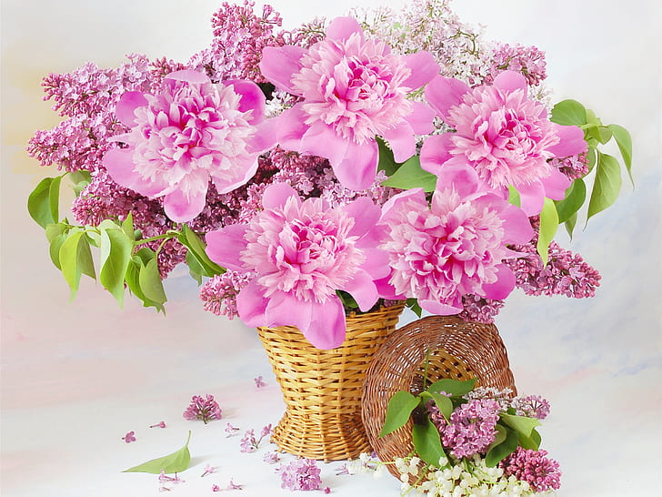 Pink flowers, basket, peonies, lilac, HD wallpaper