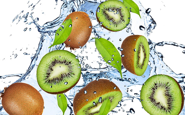 kiwi fruits, green, water, drops, sprays, freshness, food, kiwi - Fruit, HD wallpaper