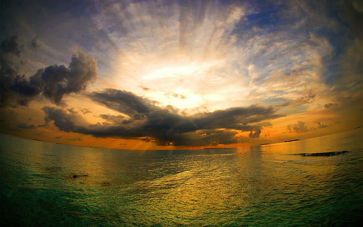 sunset, clouds, panoramic sphere, sea, skyscape