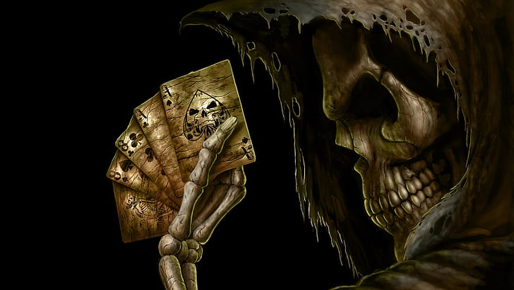cape, cards, skeleton, fantasy art, skull, poker, death, Grim Reaper, HD wallpaper