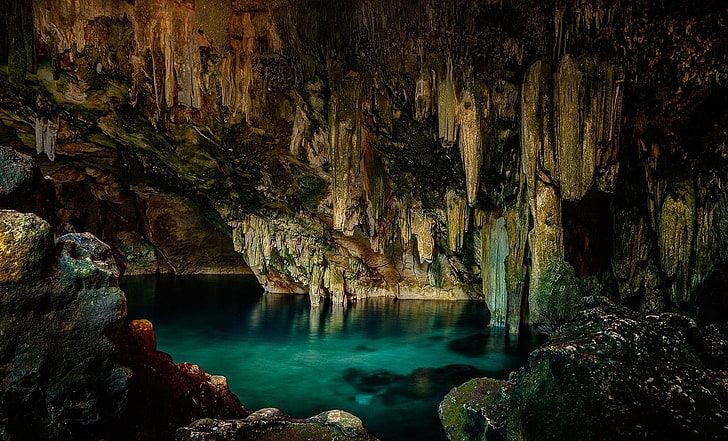 cave, cenotes, nature, Stalactites, water, rock, beauty in nature