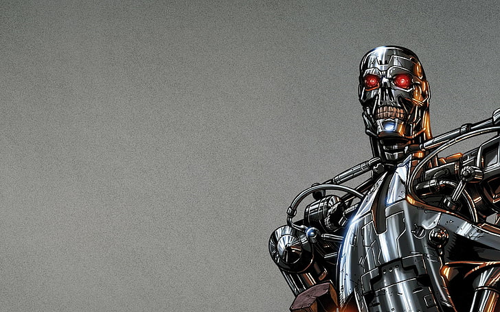 Terminator digital wallpaper, fiction, steel, robot, t-800, motorcycle