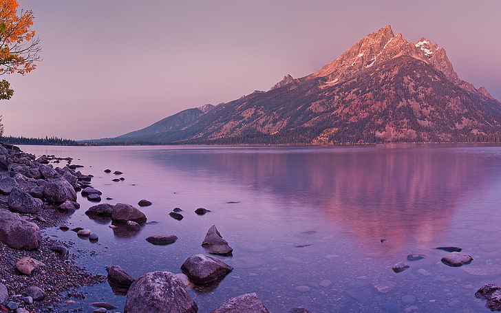 Jenny Lake Twilight, brown mountain and body of water, Nature