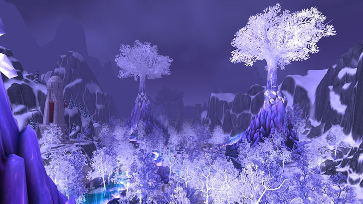 winter themed trees and mountain wallpaper, blue, World of Warcraft, HD wallpaper