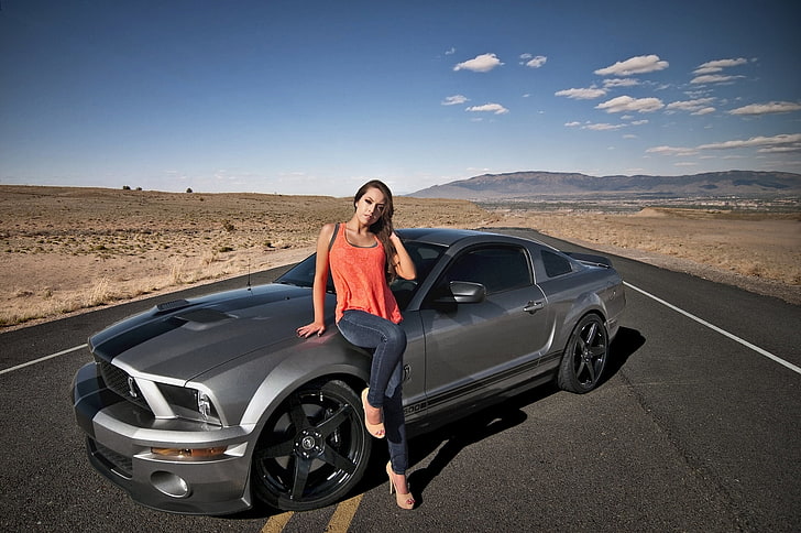 5th gen. gray Ford Mustang coupe, road, girl, desert, Shelby, HD wallpaper
