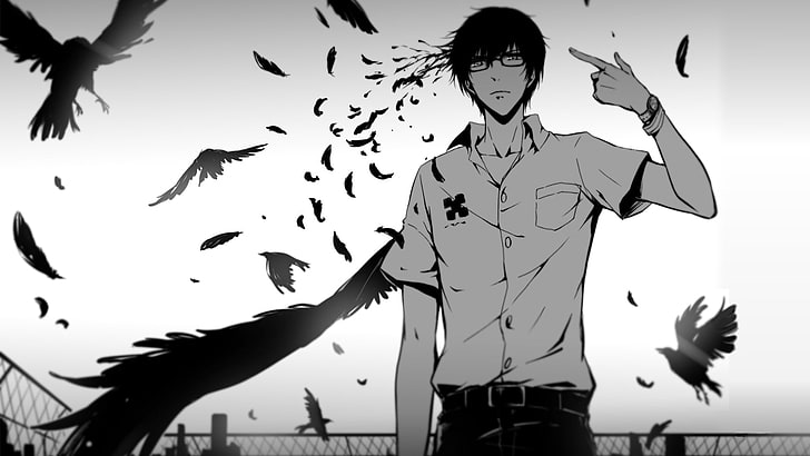 male anime character, glasses, crow, Zankyou no Terror, Kokonoe Arata