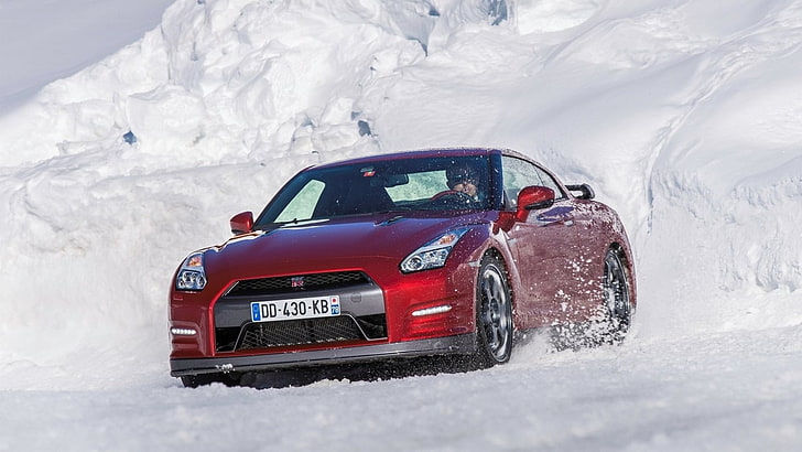 red vehicle, Nissan, Nissan GT-R, winter, car, snow, cold temperature