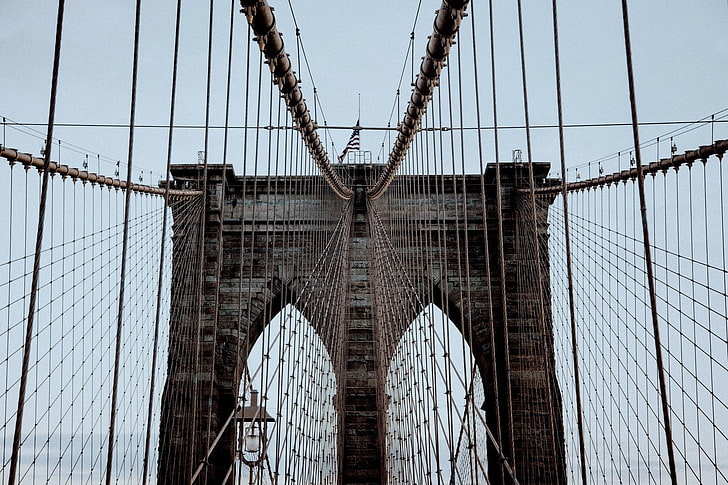 bridge, photography, American flag, Brooklyn Bridge, bridge - man made structure