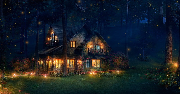 brown wooden house, forest, fireflies, art, The Firefly Cottage