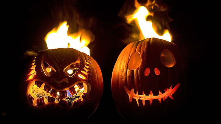 Hot Halloween, pumpkin, fire, jack-o-lanterns, pumpkins, flames, HD wallpaper