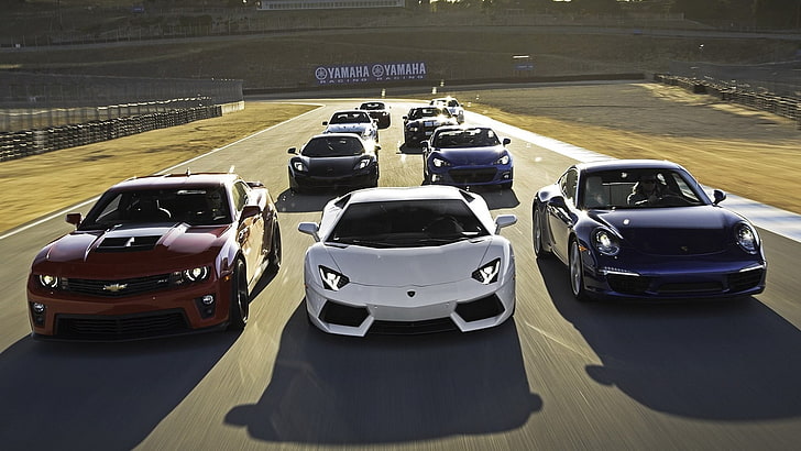 assorted car lot, supercars, Camaro, Lamborghini Aventador, Porsche 911