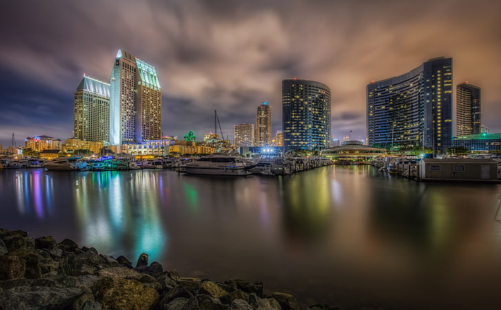Downtown San Diego Marina at Night, tall city buildings, United States, HD wallpaper