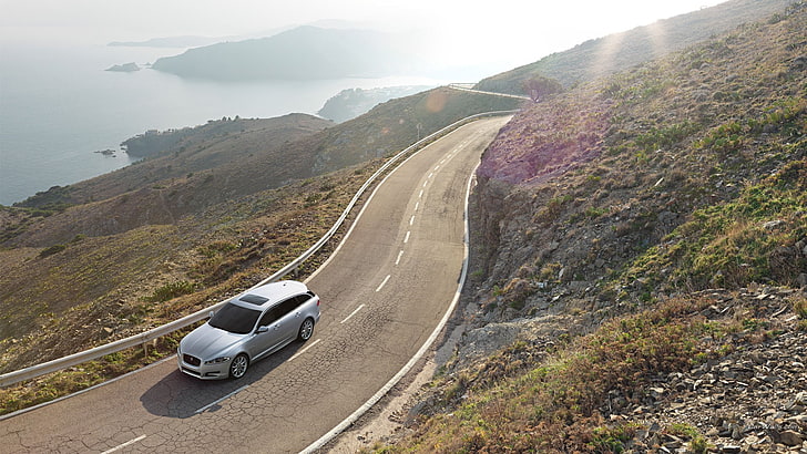 silver SUV, Jaguar XF, road, car, estate, station wagon, hills