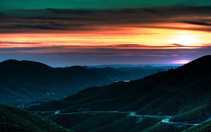 mountains on sunset, landscape, sky, sunlight, nature, scenics - nature, HD wallpaper