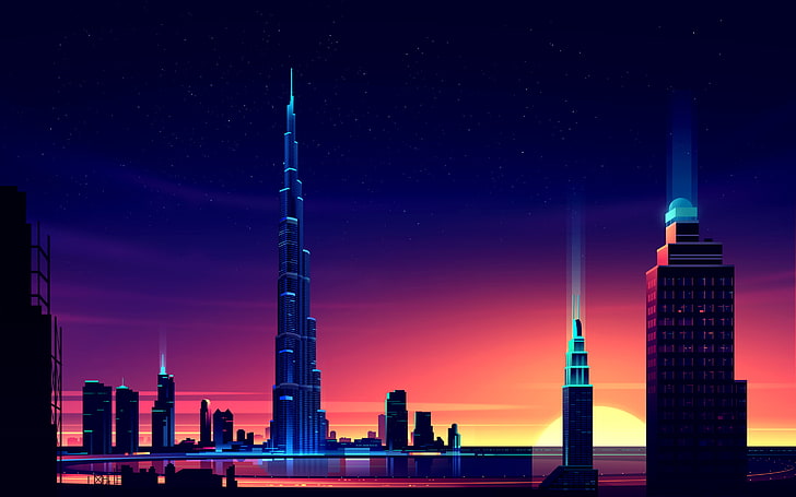 colorful, pixels, Dubai, night, cityscape, Burj Khalifa, skyscraper