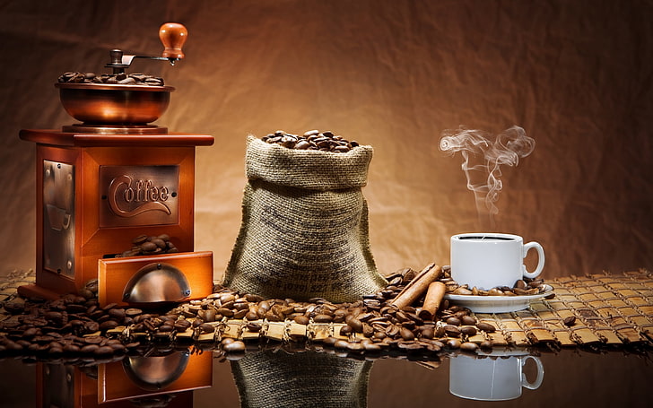 cup of coffee, sack of coffee beans, and coffee bean grinder wallpaper, HD wallpaper