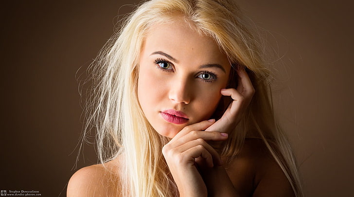 women, blonde, face, portrait, simple background, blond hair