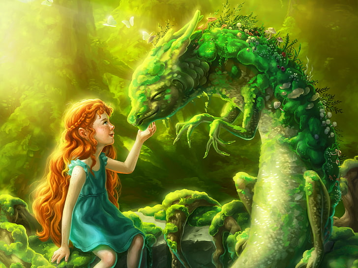 Fantasy, Child, Dragon, Girl, Little Girl, Redhead, HD wallpaper