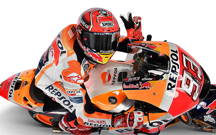 Marc Marquez Repsol Honda MotoGP 2018, orange color, sport, white background