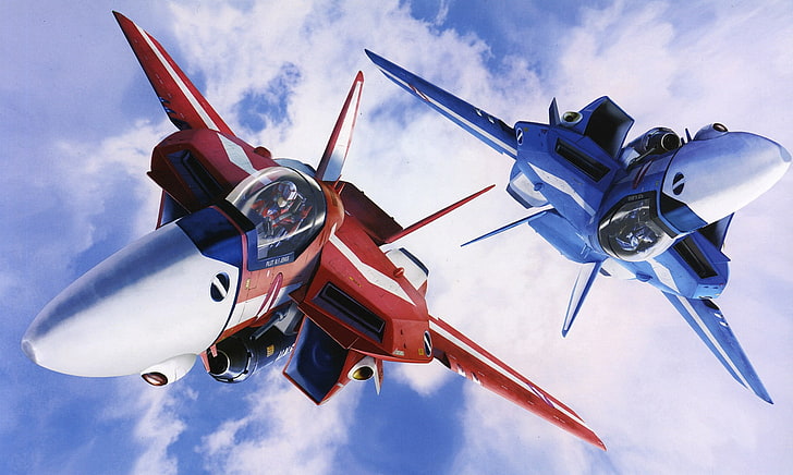 red and blue jet planes, Robotech, anime, Macross, sky, cloud - sky, HD wallpaper