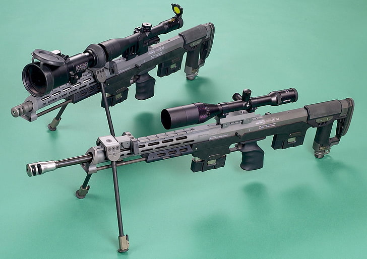 two black-and-gray assault rifles with tactical scopes, DSR-1