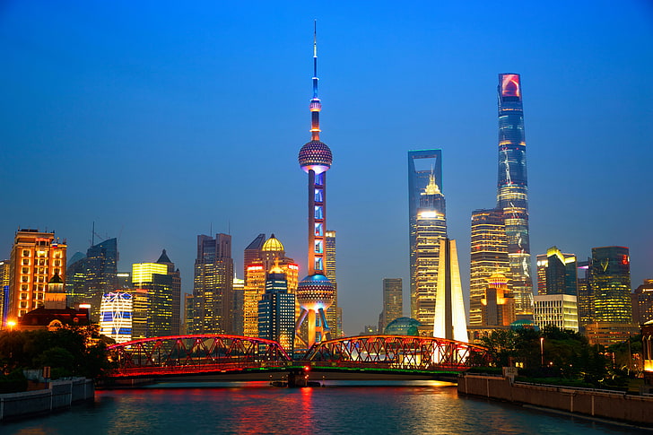 Oriental Pearl Shanghai, night, bridge, lights, river, home, skyscrapers, HD wallpaper